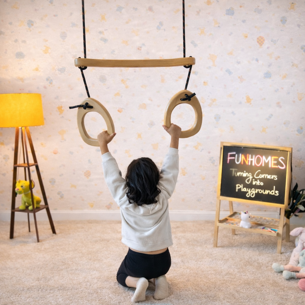 Indoor play gym for kids with rings and trapeze – wooden gym set for home by FunHomes