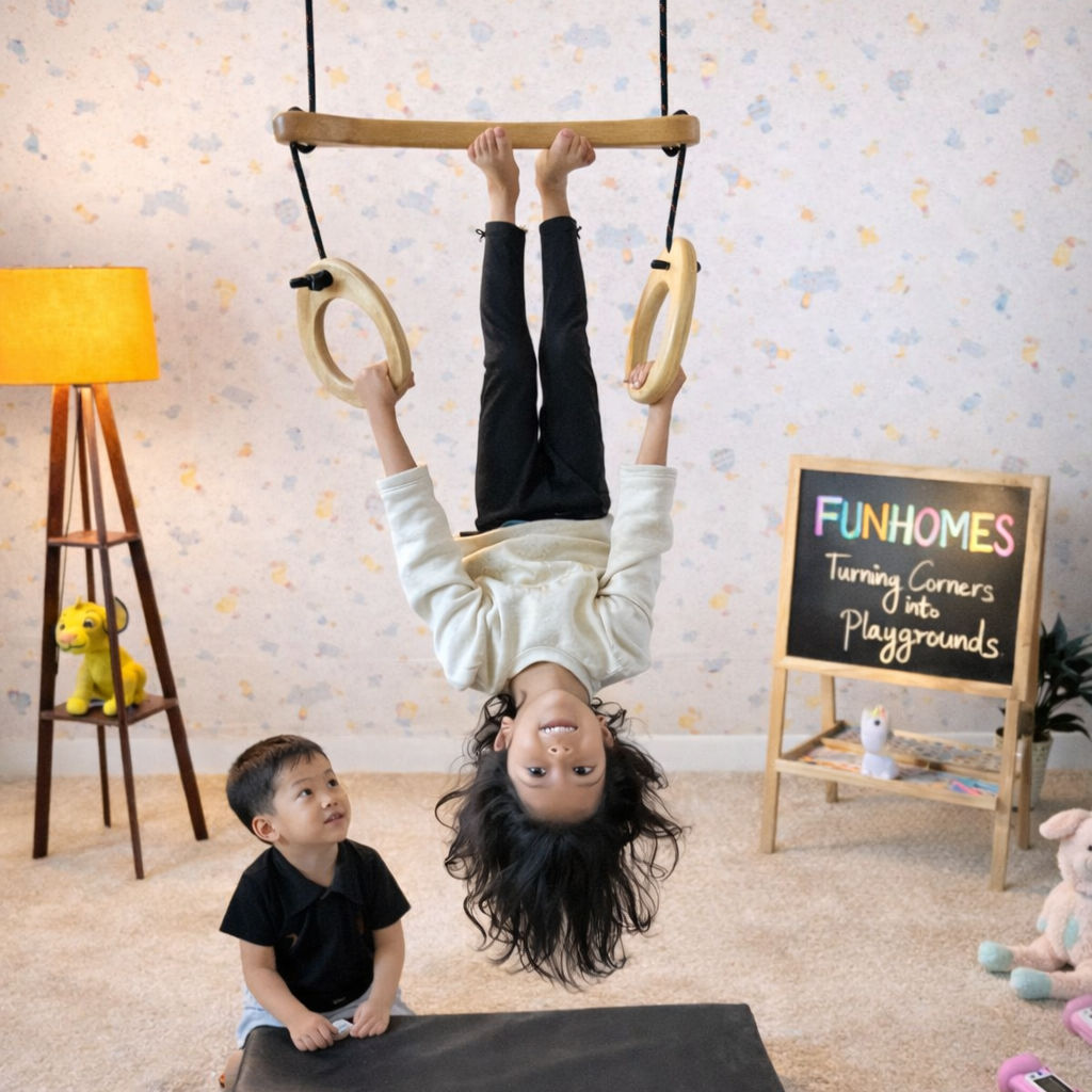 Kids using indoor gymnastic set with rings and trapeze for active play at home